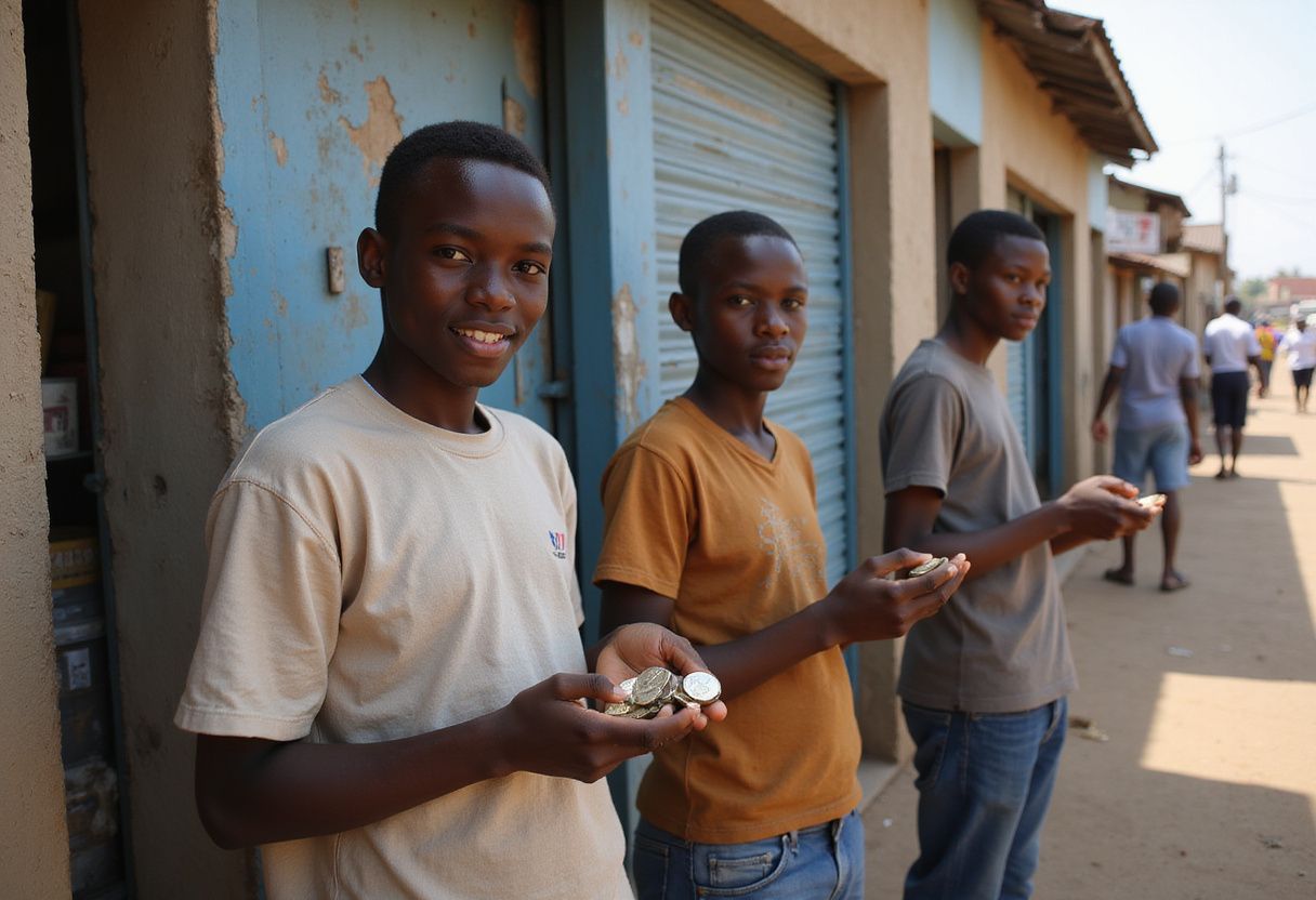 Teenagers gather near shops, counting coins in a lively Nairobi street.