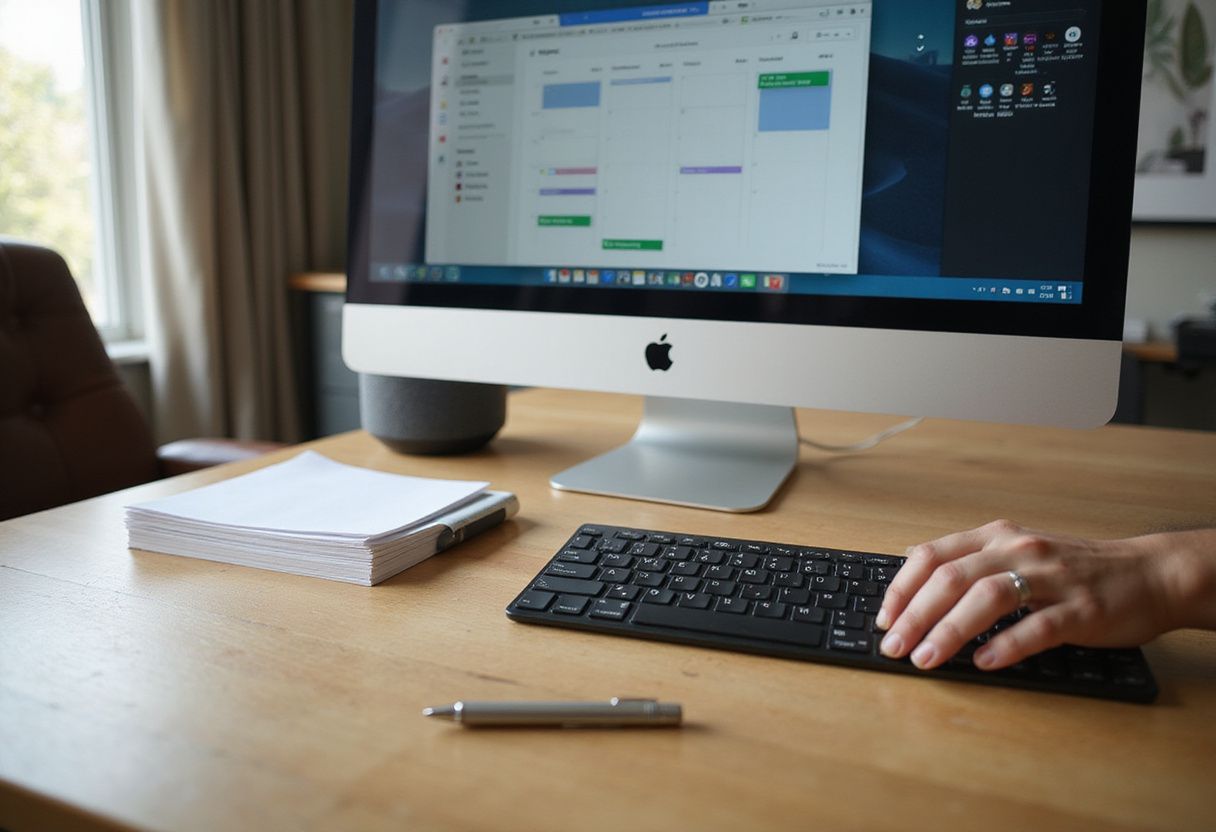 A sleek, organized office desk featuring modern technology and minimalistic design.