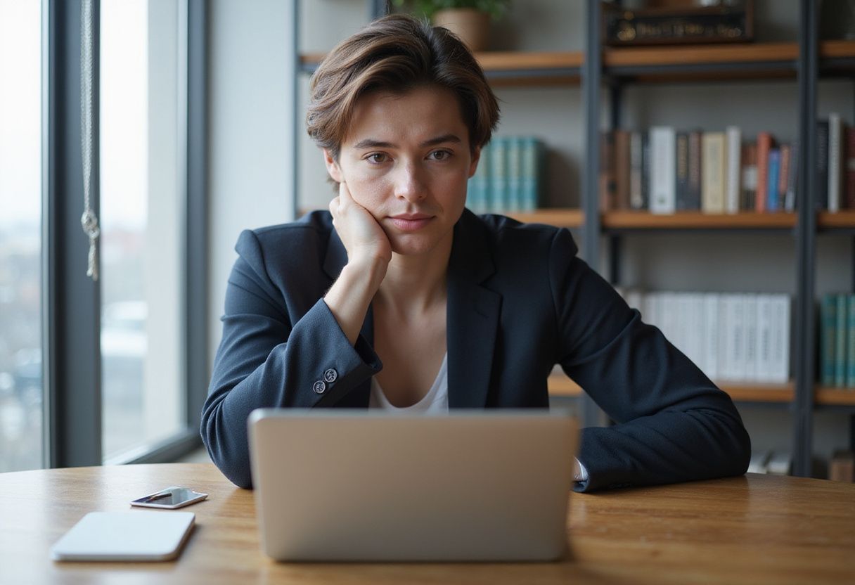 A realistic AI avatar engaged with a laptop in a modern office.