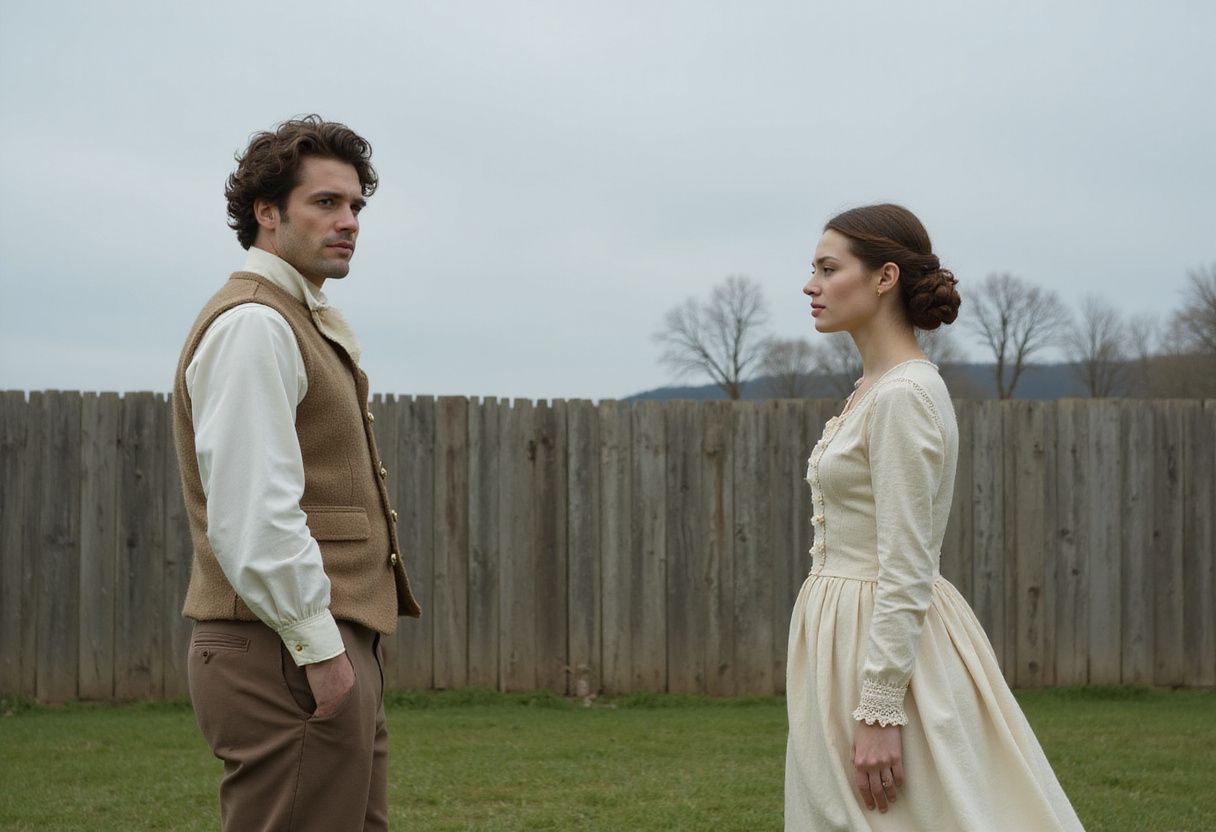 Two models in early 1800s attire pose on a grassy airstrip.