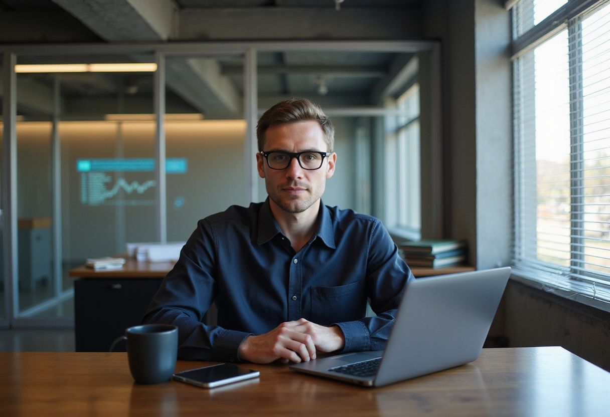 A focused employee wearing smart glasses works at a modern desk.