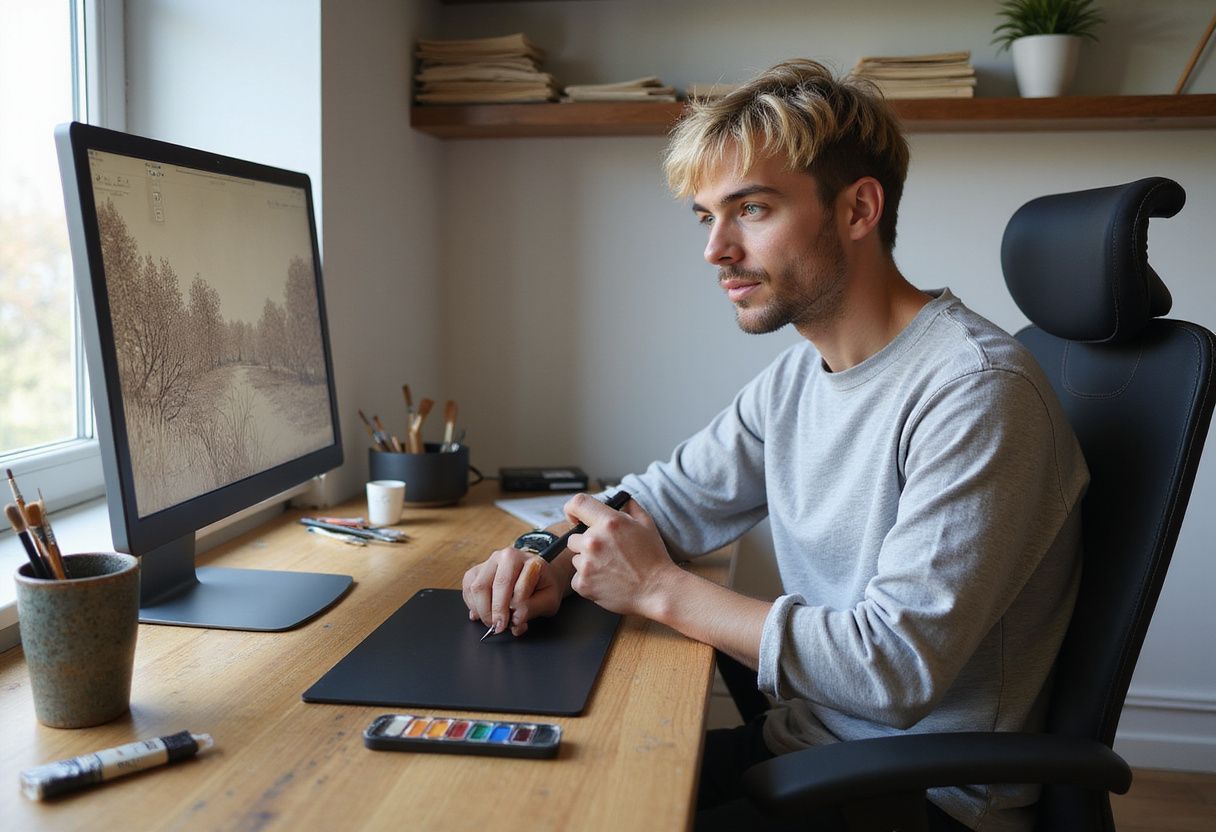 A focused artist works on digital art in a cozy home office.