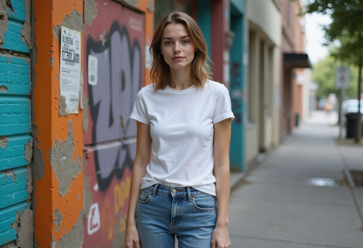 A young woman stands against vibrant urban graffiti, focused and relaxed.