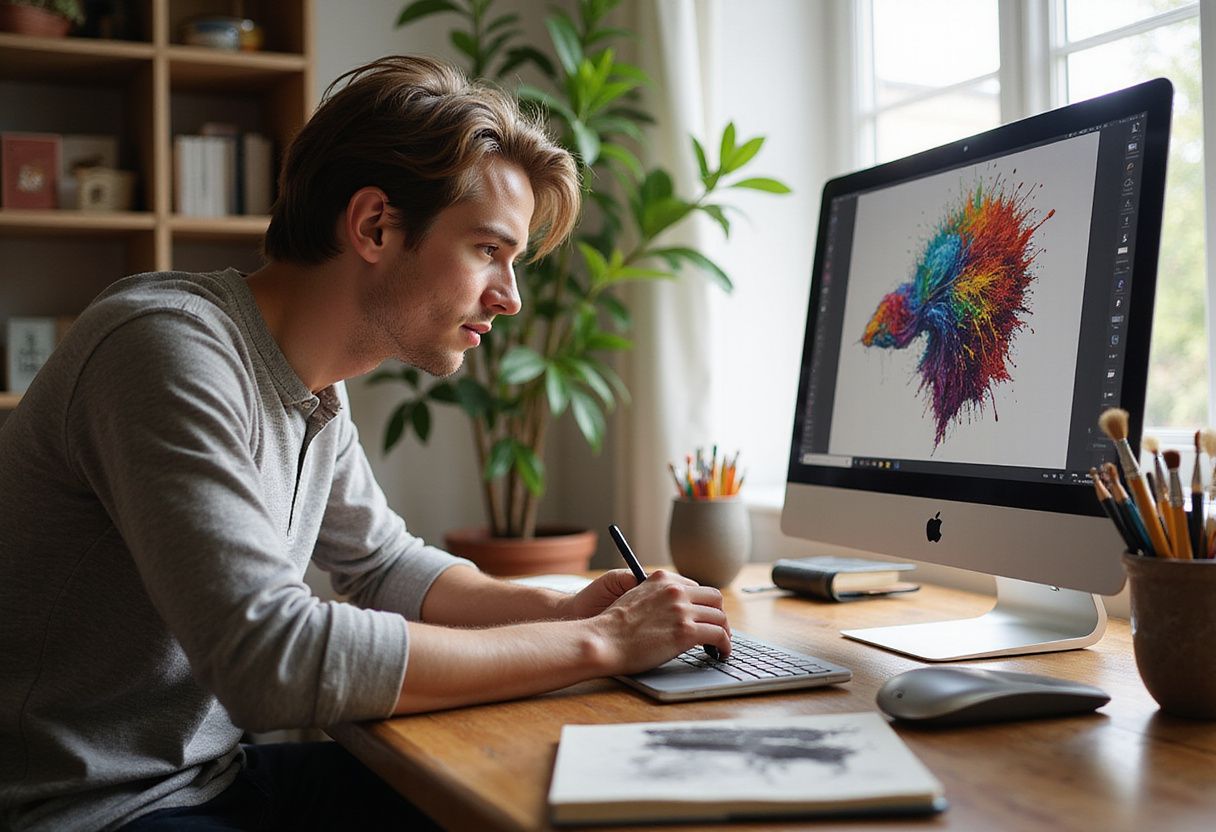 A focused individual creates art at a polished oak desk. A focused individual creates art at a polished oak desk.