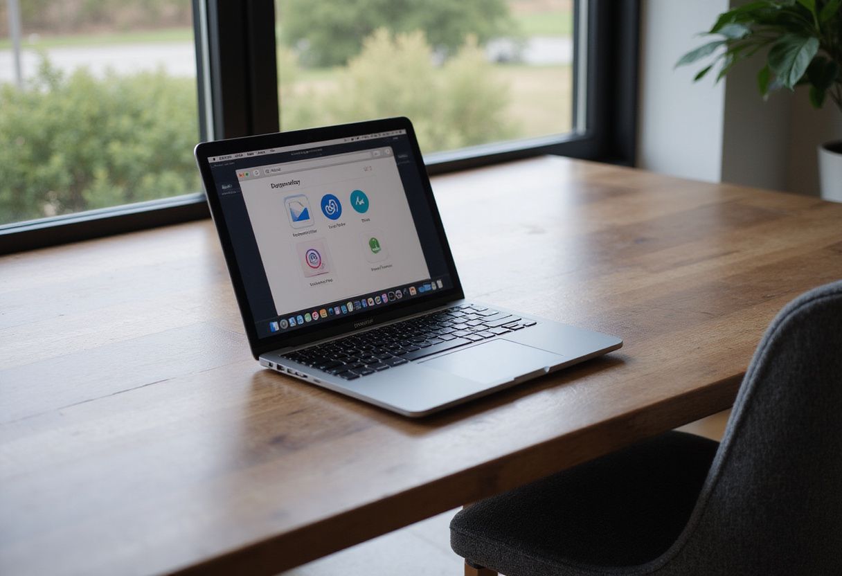 A modern office desk features a laptop and organized productivity tools.