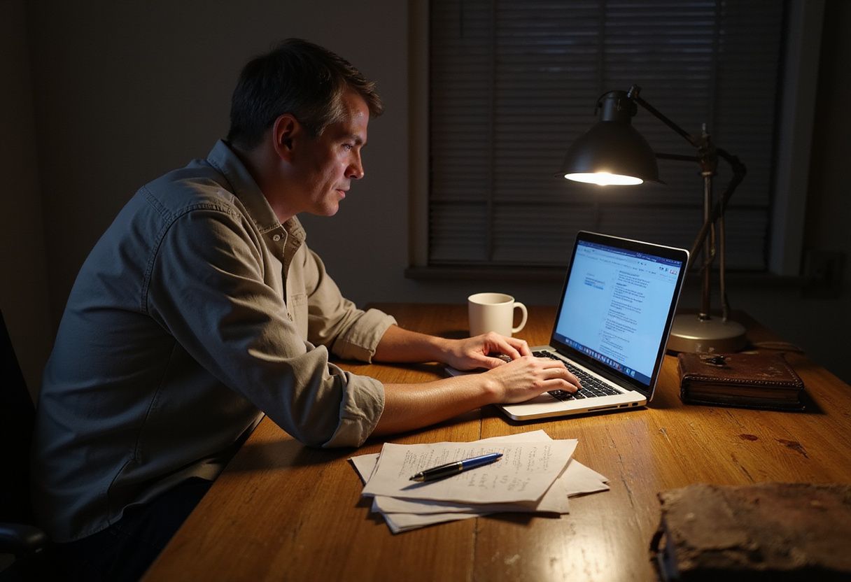 A focused middle-aged person works at a worn wooden desk.