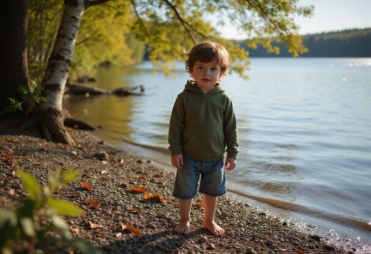 An 8-year-old child contemplates the lake's shimmering surface. An 8-year-old child contemplates the lake's shimmering surface.