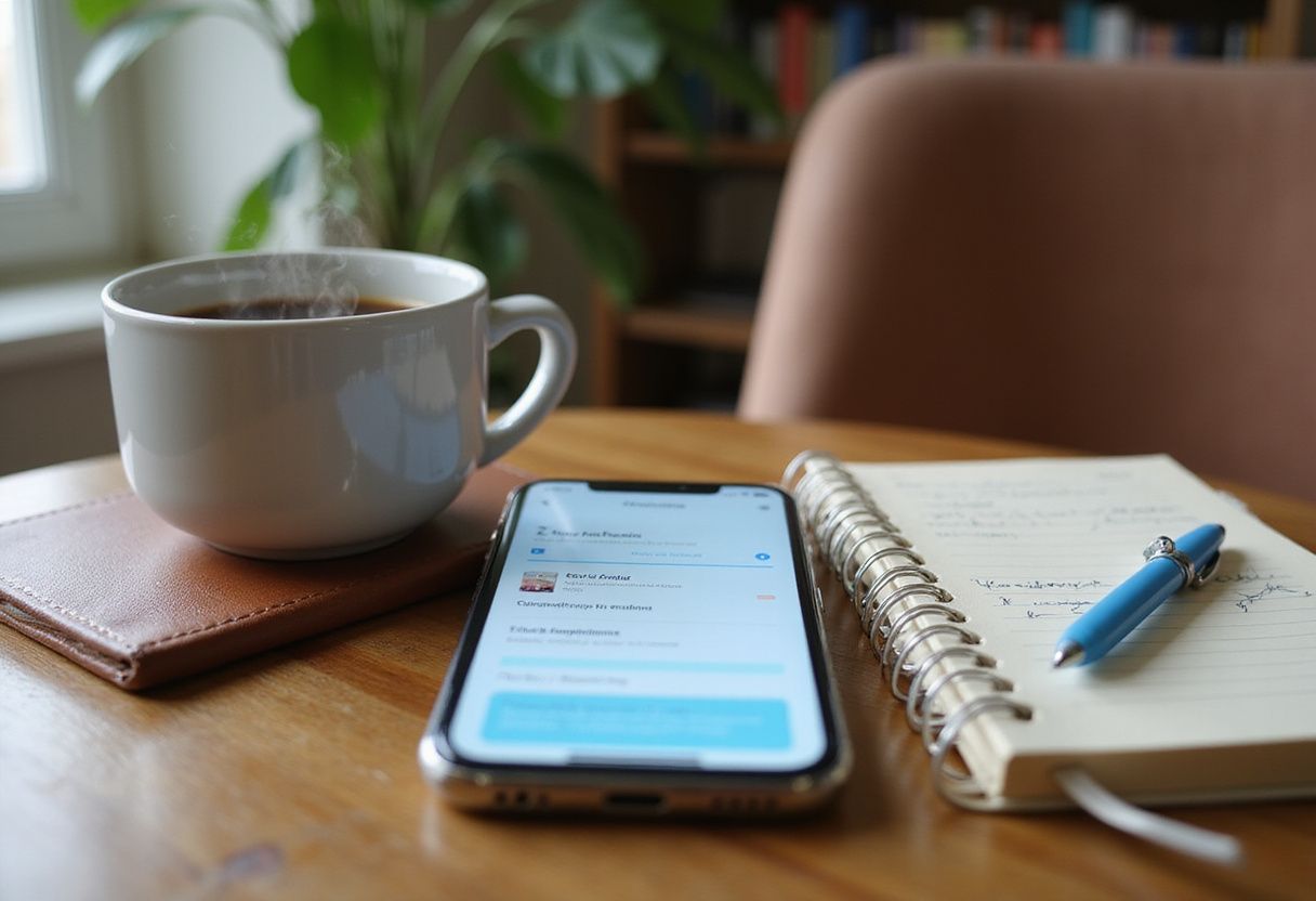 A smartphone on a desk displays the Kin app beside coffee and a planner.