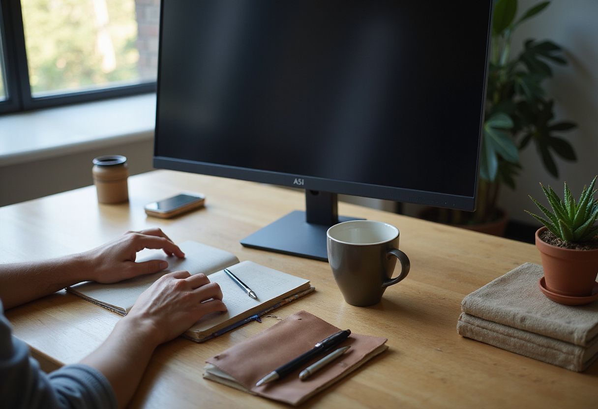 A modern office desk with organized supplies and a computer monitor.
