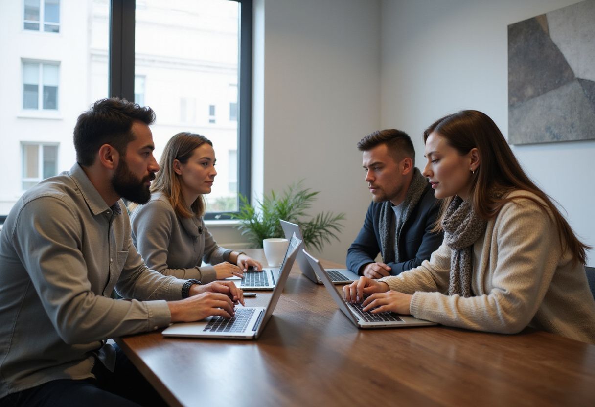 A diverse sales team collaborates during a virtual meeting in a modern office. A diverse sales team collaborates during a virtual meeting in a modern office.