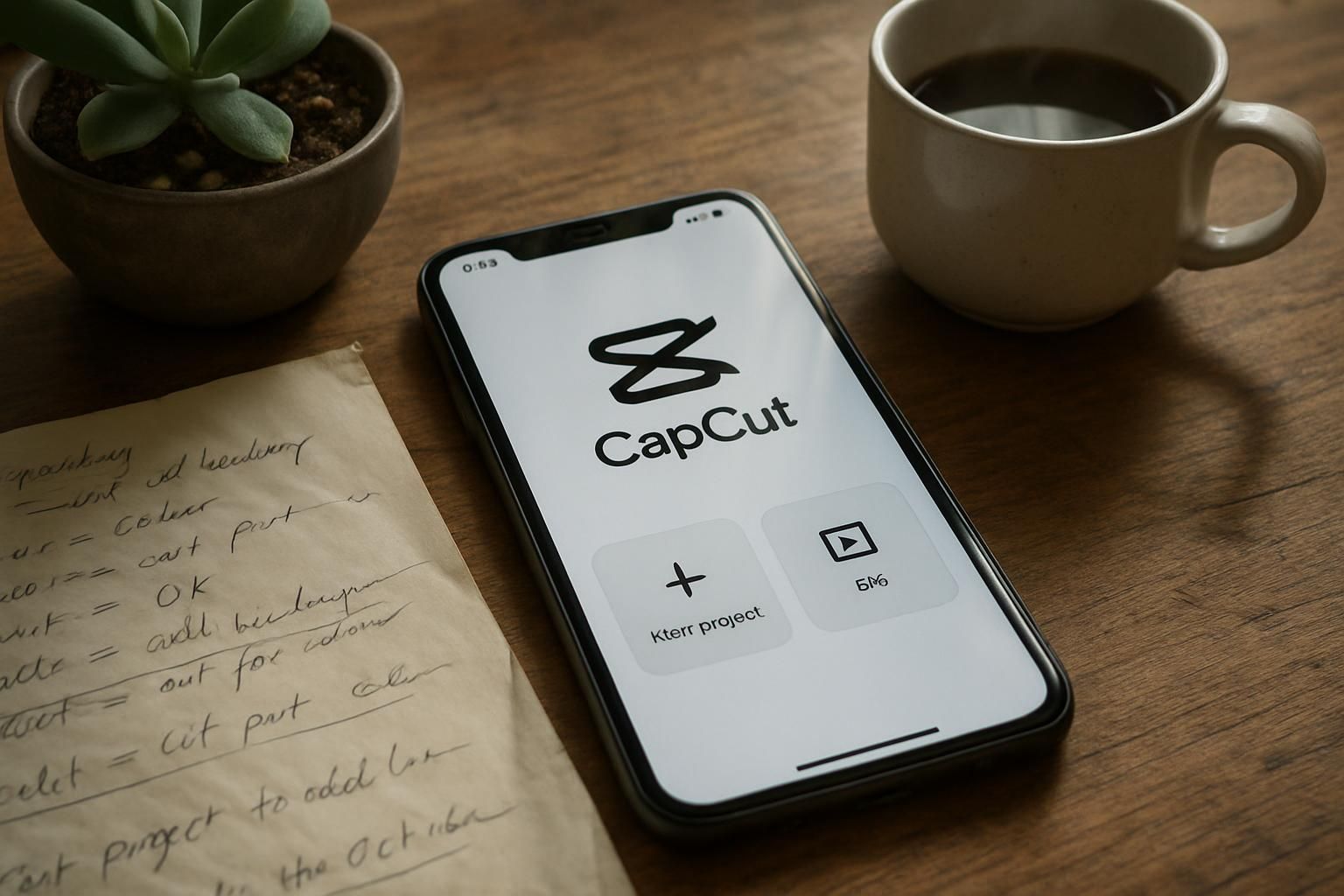A smartphone displays the CapCut app amidst editing notes and coffee.