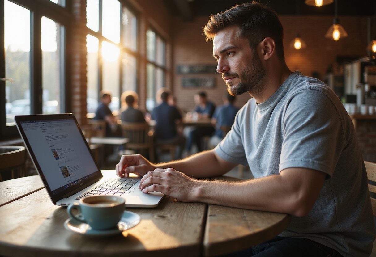 A digital marketer focuses intently on their laptop in a coffee shop.