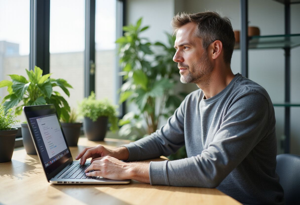 A middle-aged individual engaged with a laptop at a minimalist desk.