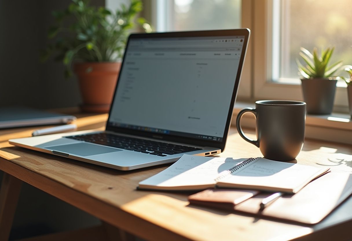 A sleek laptop on a polished desk next to a notepad. A sleek laptop on a polished desk next to a notepad.
