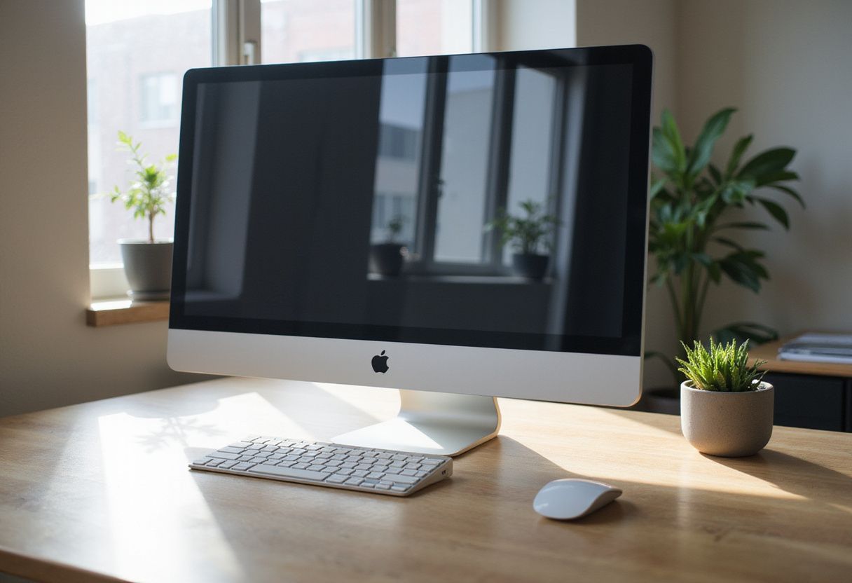 A modern, organized office desk showcasing a sleek computer monitor.