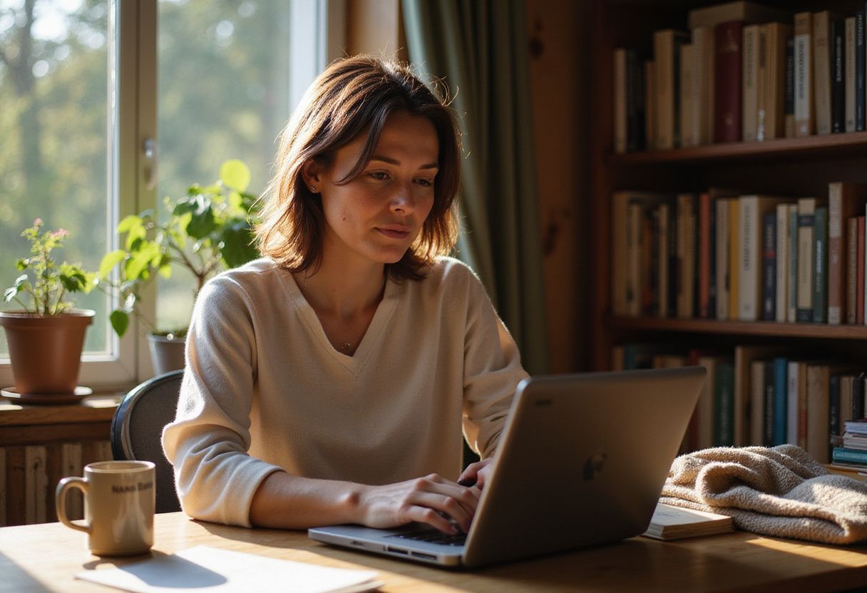 A middle-aged woman works intently at her home office desk. A middle-aged woman works intently at her home office desk.