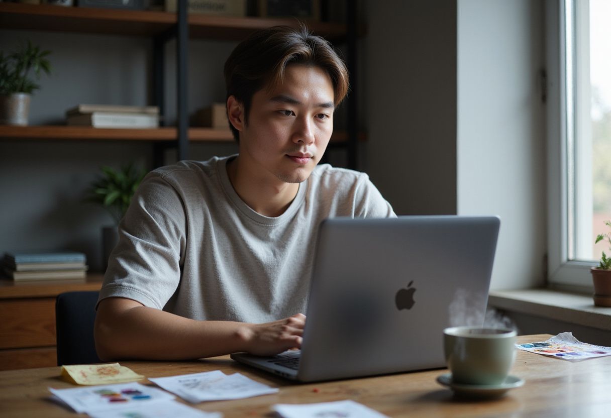 A young adult focuses on a laptop amid creative workspace clutter.