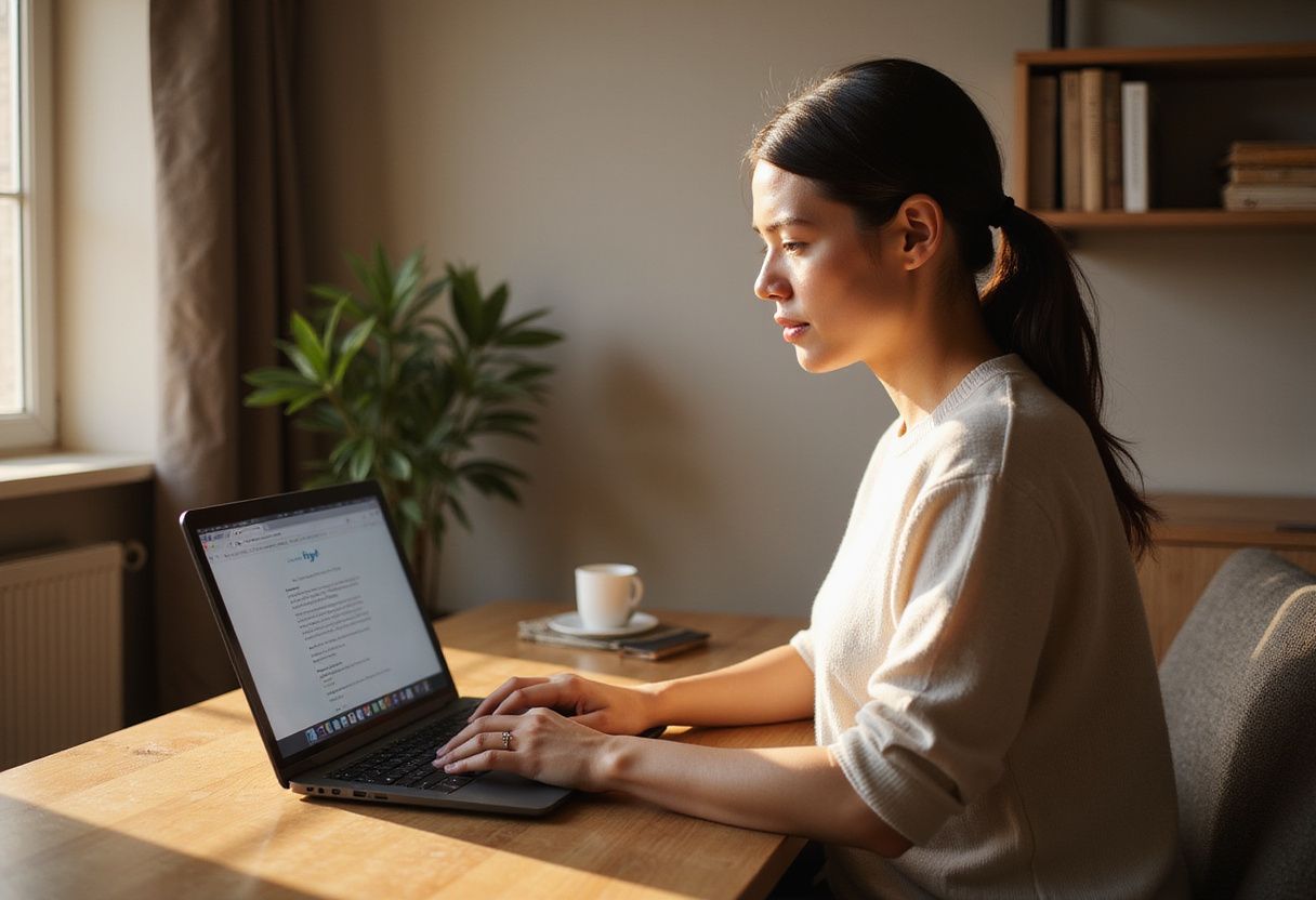 A focused individual types on a laptop in a cozy workspace.