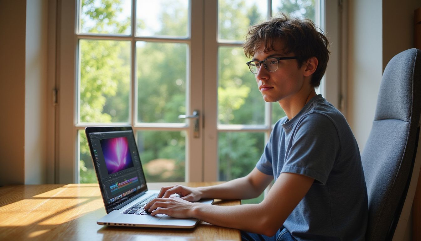 A young adult focuses on video editing at a wooden desk.