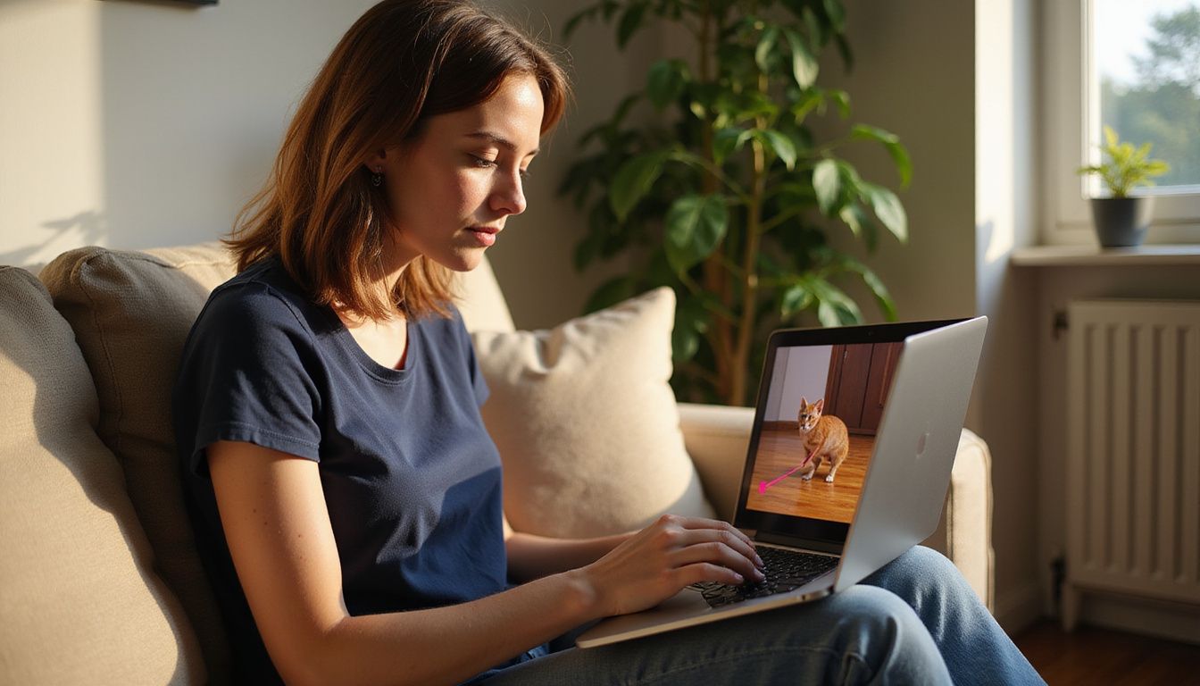 A woman engages with her laptop while watching a cat video.