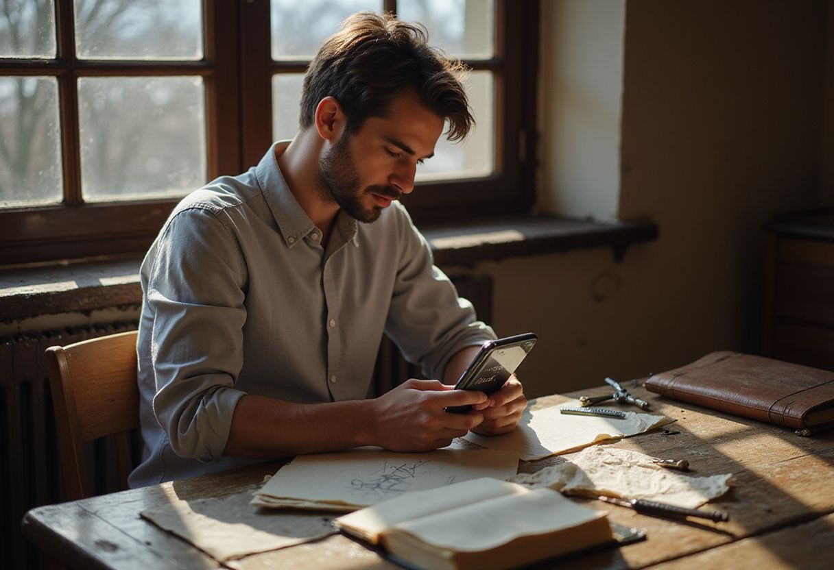 A young man focuses intently on his smartphone at a cluttered desk. A young man focuses intently on his smartphone at a cluttered desk.