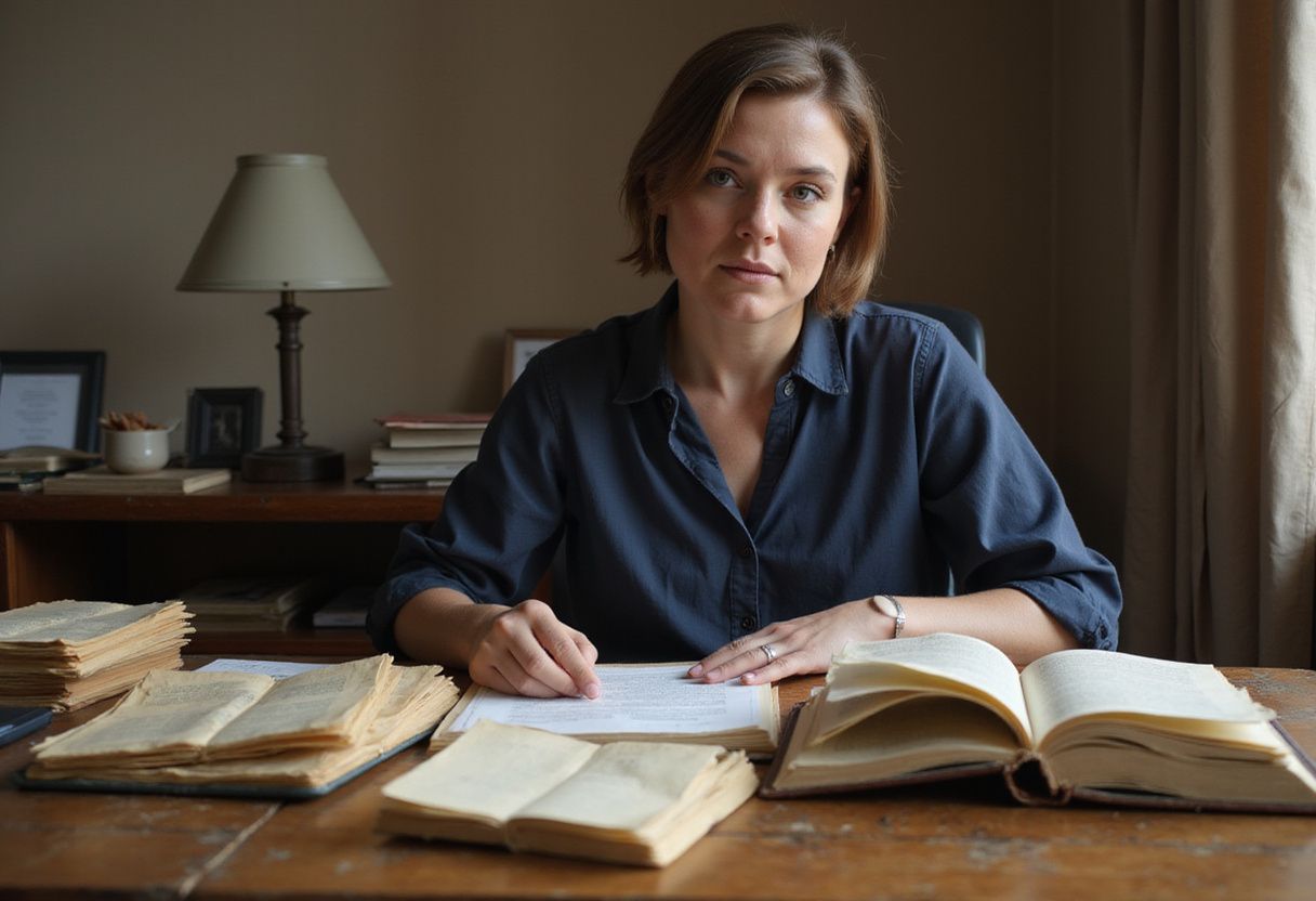 A focused woman studies at a cluttered wooden desk.