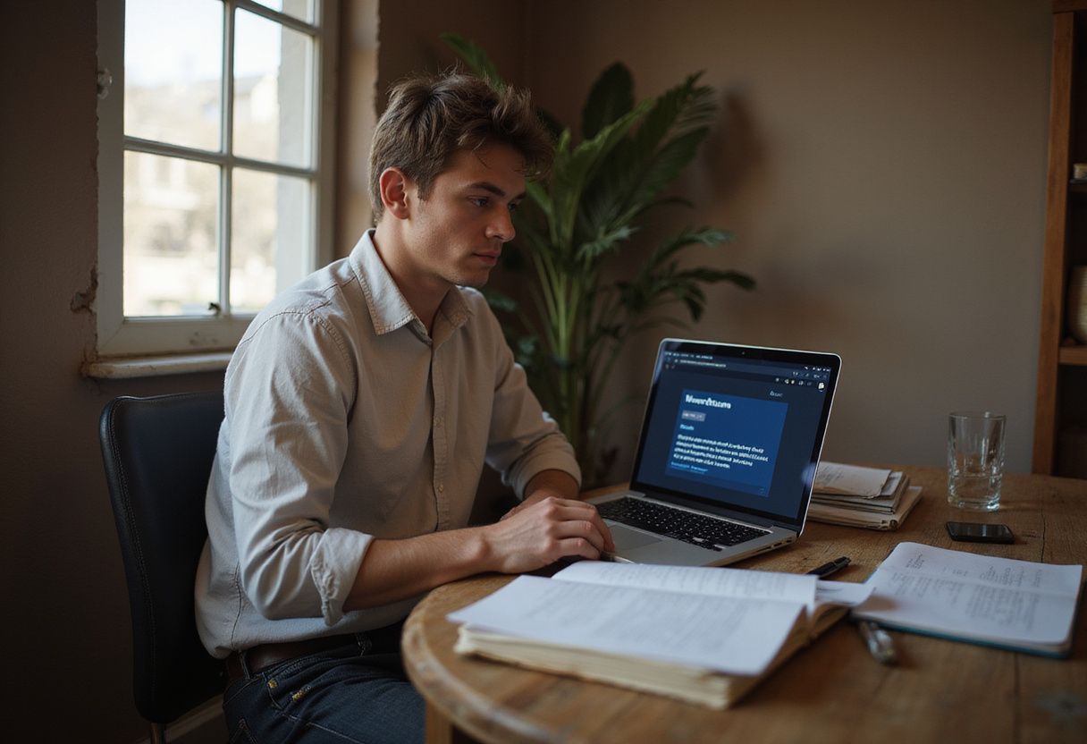 A young professional focuses intently on a laptop in a compact office. A young professional focuses intently on a laptop in a compact office.