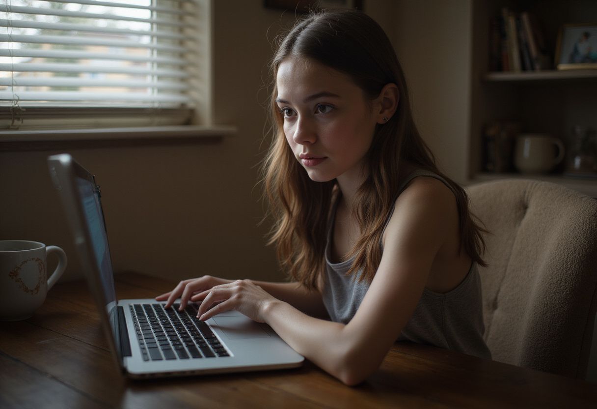A teenage girl focuses intently on her laptop at a desk.